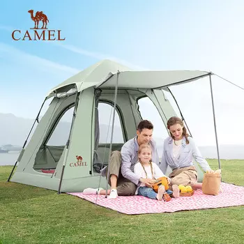 Палатка Camel (Camel) для кемпинга, пикника, семейная непромокаемая и солнцезащитная быстрооткрывающаяся трехдверная палатка Muyun с серебряным покрытием, увеличенная палатка A106 светло-зеленого цвета