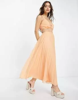 Персиковое плиссированное платье миди с кружевными вставками ASOS DESIGN