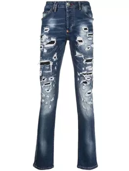 Philipp Plein прямые джинсы с эффектом потертости, синий
