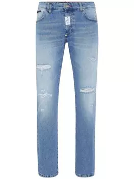 Philipp Plein прямые джинсы с эффектом потертости, синий