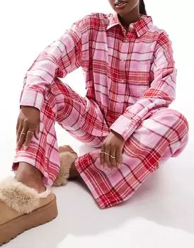 Пижамные штаны из хлопковой фланели в розово-красную клетку. Cotton:On