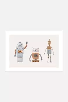 Плакат с друзьями роботами Postery, 50x70 см, бежевый