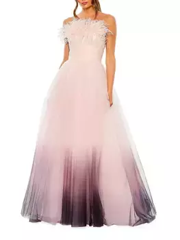 Платье без бретелек из перьев и тюля Mac Duggal, цвет pink ombre
