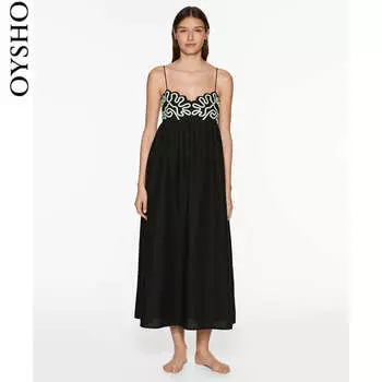 Платье длинное льняное Oysho с вышивкой, черный