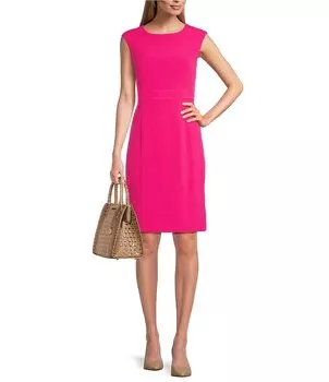 Платье-футляр Kasper Petite Size из эластичного крепа с круглым вырезом и короткими рукавами, розовый