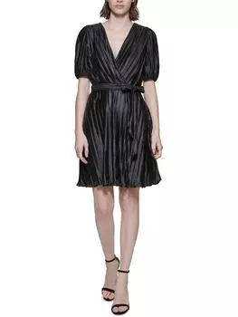 Платье-халат с плиссировкой и жатым лифом Petites Womens DKNY, черный