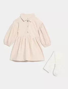 Платье из 2 предметов из хлопка в полоску с колготками Marks & Spencer, розовый