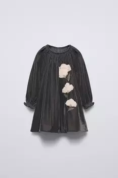 Платье из бархата с цветочным рисунком ZARA, серый