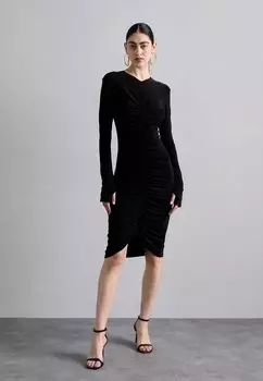 Платье из джерси Long Sleeve V Neck Shirred Front Dress To Knee Norma Kamali, черное