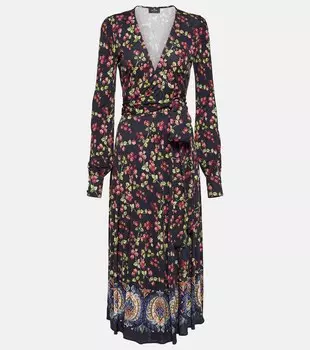 Платье из джерси с запахом и принтом ETRO, синий