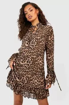 Платье леопардовое с руфлами Boohoo, коричневый