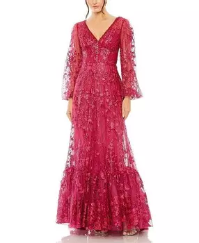 Платье Mac Duggal с V-образным вырезом и пышными рукавами и вышивкой, красный