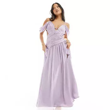 Платье-макси Asos Design Petite Open Shoulders Ruffles Cutout, сиреневый