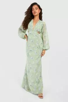 Платье макси Добби с вырезами и принтом boohoo, зеленый