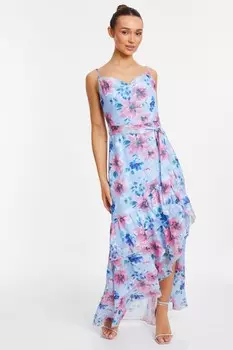 Платье макси из синего шифона с цветочным рисунком и оборками QUIZ Clothing