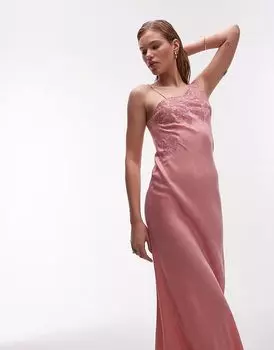 Платье макси на одно плечо с отделкой из кружева и ажурной вставкой Topshop розового цвета