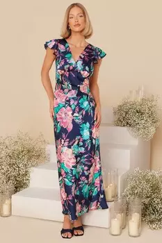 Платье макси с цветочным принтом из темно-синего атласа QUIZ Clothing
