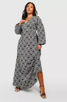 Платье макси с моно-геопринтом Plus boohoo, черный