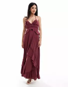 Платье макси с оборками Bershka в бордовом цвете