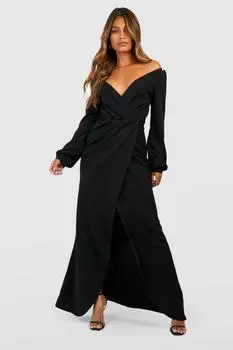 Платье макси с открытыми плечами и запахом boohoo, черный