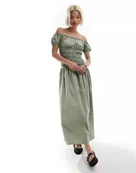 Платье макси со сборками на талии Reclaimed Vintage цвета хаки