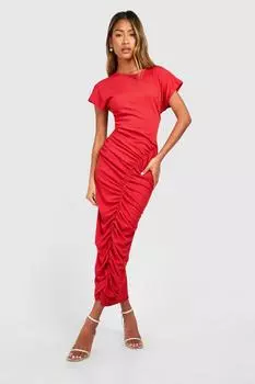 Платье макси в рубчик со сборками boohoo, красный