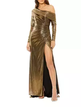 Платье металлик на одно плечо Mac Duggal, цвет antique gold