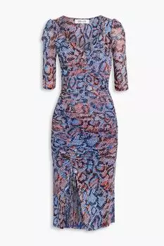 Платье Michael из эластичной сетки со змеиным принтом и сборками DIANE VON FURSTENBERG, синий