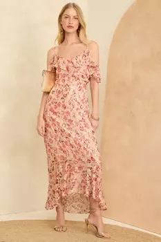 Платье мидакси с открытыми плечами и принтом Love & Roses, розовый