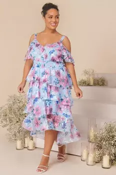 Платье миди Curve Blue Floral с шифоновым узором QUIZ Clothing