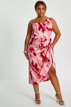 Платье миди Curve Pink Satin с мраморным принтом и сборками QUIZ Clothing