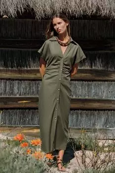 Платье миди из льняной смеси ZARA, цвет Dark khaki