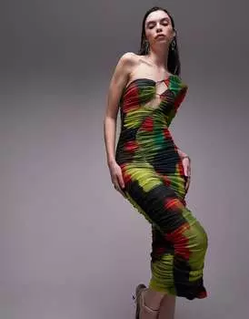Платье миди на одно плечо со сборками и сеткой Topshop яркого акварельного цвета