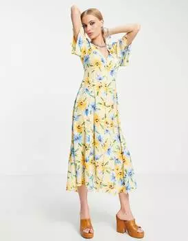Платье миди на пуговицах с завязками на спине и рукавами ангела ASOS DESIGN персикового цвета и точечным принтом ASOS DESIGN