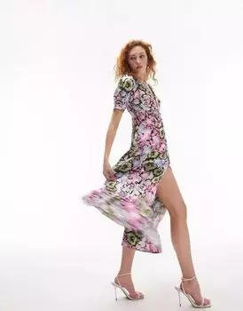 Платье миди на пуговицах Topshop с ярким цветочным принтом