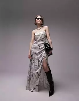 Платье миди премиум-класса с квадратным вырезом и бретелями Topshop с эскизным принтом