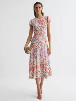 Платье миди Reiss Luna Petite с цветочным принтом, коралловый/белый