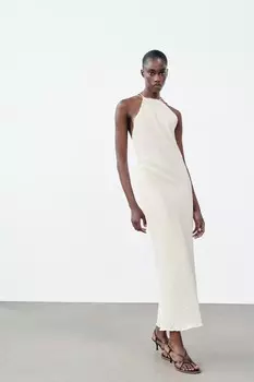 Платье миди с эффектом матирования и бисерами ZARA, устрично-белый