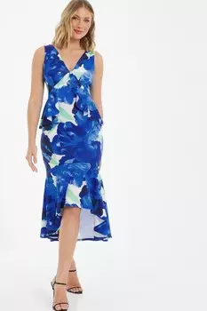 Платье миди с цветочным принтом и оборками королевского синего цвета QUIZ Clothing