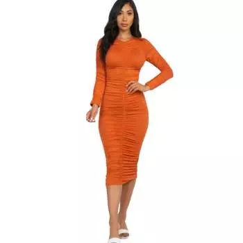 Платье миди с длинными рукавами и сборками FASHNZFAB, цвет mango