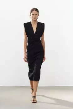 Платье миди с мягкими плечами ZARA, черный