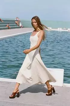 Платье миди с отстрочкой сверху ZARA, экрю