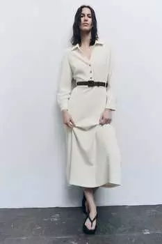 Платье миди с поясом ZARA, экру