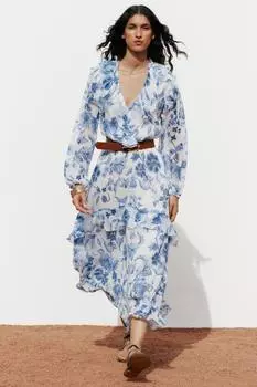 Платье миди с принтом и поясом ZARA, цвет White/Sky blue