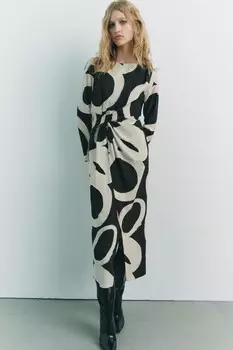 Платье миди с принтом ZARA, экрю/зеленый