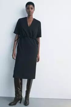 Платье миди с v-образным вырезом ZARA, черный