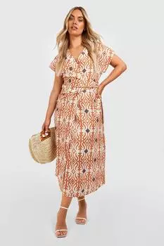 Платье миди с запахом и принтом Boohoo, коричневый