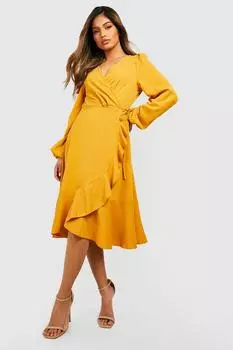 Платье миди с запахом из крепа и руфлями Boohoo, горчичный