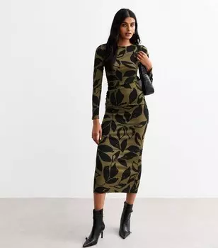 Платье миди со сборками и жатым принтом Green Leaf New Look, зеленый