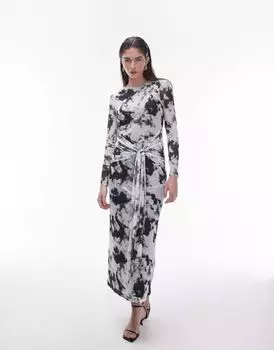 Платье миди Topshop с монохромным абстрактным принтом и бантом